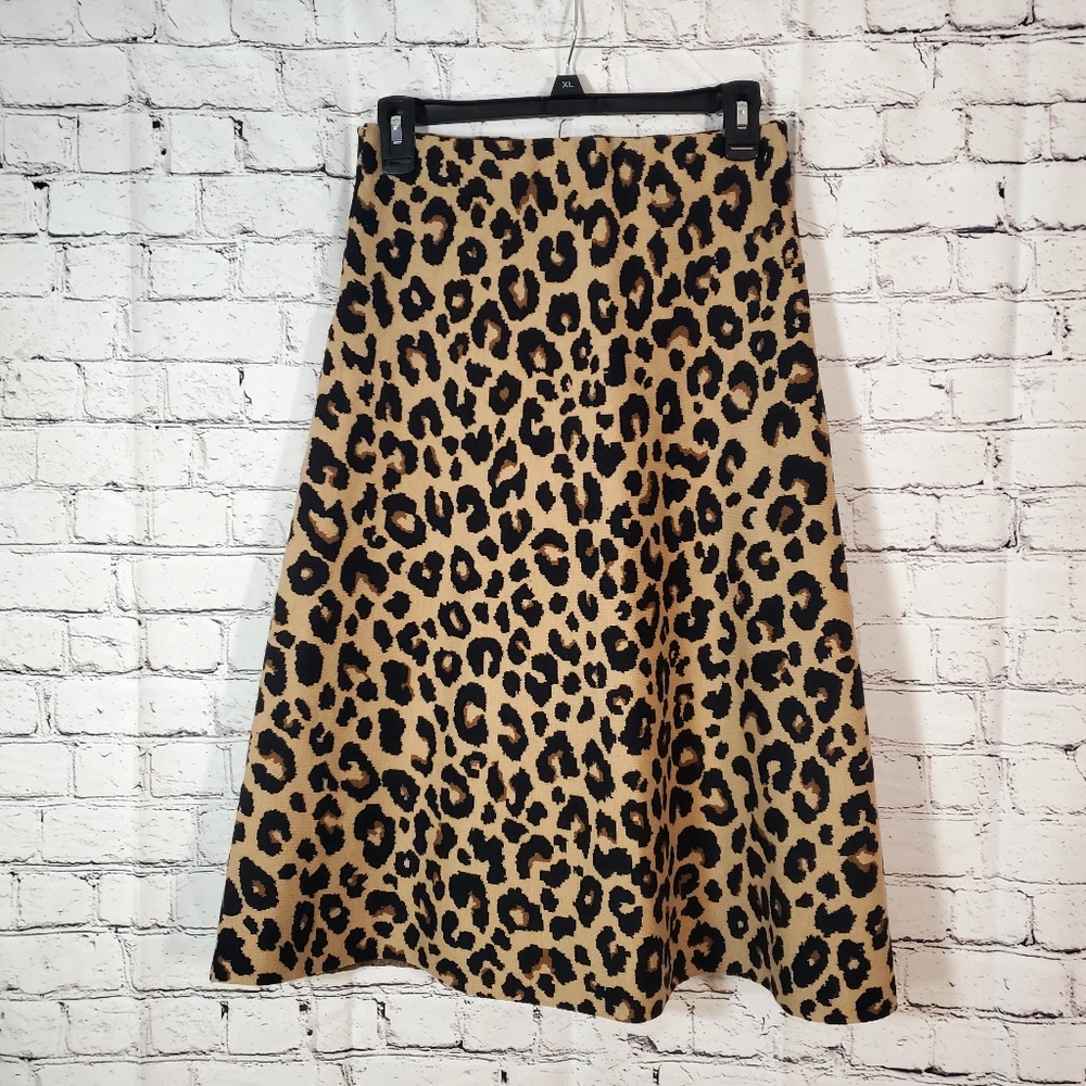 NWOT Ann Taylor Leopard Print Knit A-Line Midi Wool Blend Skirt Size XS